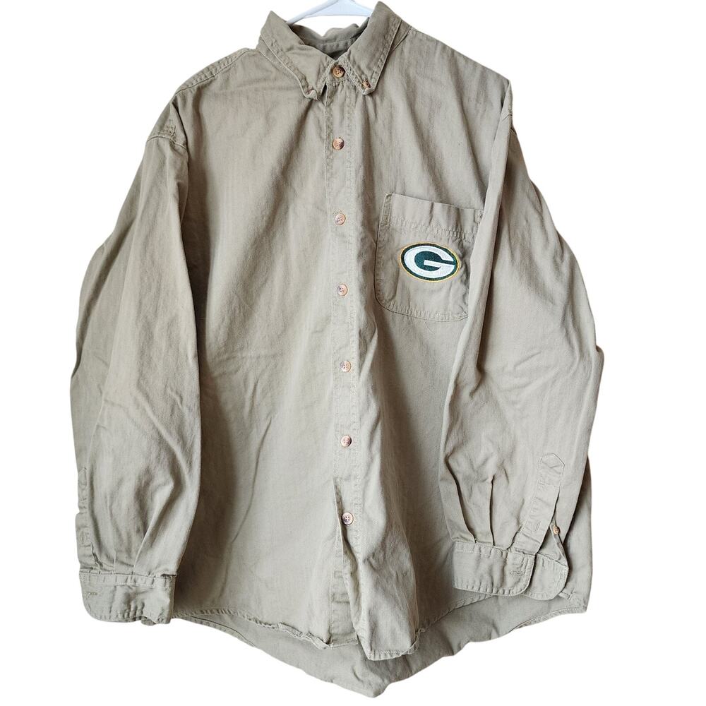 Logo 7 Green Bay Packers Shirt Mens Size XL Tan Long Sleeve Button Down Up NFL